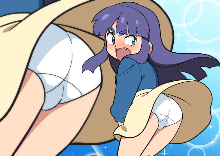 1girl ass blue_background blue_eyes blue_shirt blush bubble_background embarrassed fang from_behind leaning_forward loli long_hair long_sleeves looking_back multiple_views open_mouth original panties purple_hair shirt skirt sparkle sparkle_background standing underwear white_panties wind wind_lift yagami_miyako yellow_skirt yume_yoroi