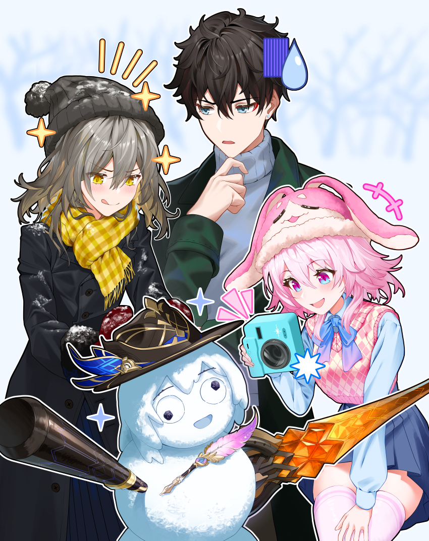 +++ 1boy 2girls :q absurdres alternate_costume beanie black_coat black_hair blue_eyes blue_skirt blush camera coat dan_heng_(honkai:_star_rail) gloves green_eyes grey_hair hair_between_eyes hat highres holding holding_camera honkai:_star_rail honkai_(series) long_sleeves march_7th_(honkai:_star_rail) medium_hair multiple_girls nepenera open_mouth pink_eyes pink_hair pleated_skirt scarf school_uniform shirt short_hair skirt smile snowman sparkle stelle_(honkai:_star_rail) sweatdrop sweater sweater_vest thighhighs tongue tongue_out trailblazer_(honkai:_star_rail) vest weapon winter_clothes yellow_eyes yellow_scarf