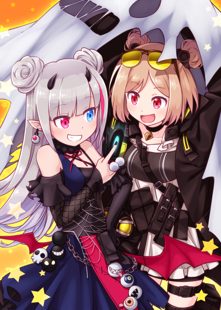 2girls :d bare_shoulders black_jacket black_sleeves blue_dress blue_eyes breasts brown_background brown_hair buckle collarbone commentary_request demon_horns detached_sleeves double_bun dress earrings eyeball_earrings eyewear_on_head ghost_costume girls&#039;_frontline grin hair_bun harada_(sansei_rain) heterochromia highres horns jacket jewelry long_hair low_wings mdr_(ghost_trap)_(girls&#039;_frontline) mdr_(girls&#039;_frontline) multicolored_hair multiple_girls official_alternate_costume open_clothes open_jacket open_mouth outline p90_(girls&#039;_frontline) pink_hair pleated_dress pleated_skirt pointy_ears red_eyes red_wings short_hair silver_hair skirt sleeveless sleeveless_dress small_breasts smile snap-fit_buckle star_(symbol) streaked_hair sunglasses tinted_eyewear very_long_hair white_skirt wings yellow-tinted_eyewear yellow_outline