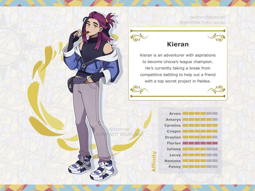 1boy aged_up belt black_gloves black_hair black_shirt blue_jacket candy commentary english_text fingerless_gloves food full_body gloves grey_pants hand_on_own_hip hand_up highres holding jacket kieran_(pokemon) lollipop male_focus multicolored_hair nintendo pants pokemon pokemon_sv purple_hair shirt shoes sleeveless sleeveless_shirt solo standing submashell two-tone_hair watermark white_shoes yellow_eyes