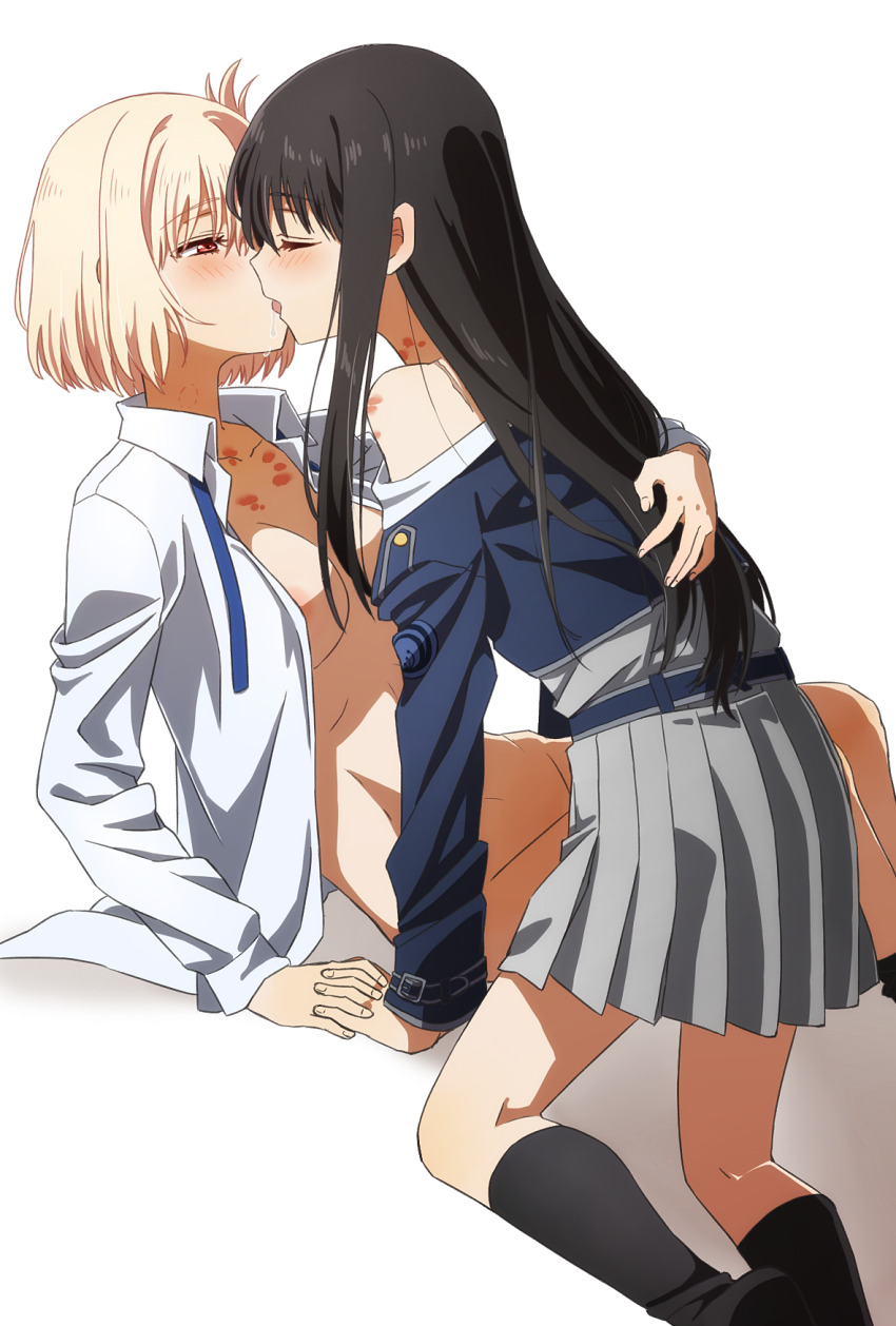 2girls areola_slip black_hair blonde_hair blue_jacket blush bottomless breasts closed_eyes collarbone collared_shirt dress_shirt french_kiss grey_skirt hickey highres inoue_takina jacket kiss kneehighs long_hair long_sleeves lycoris_recoil medium_breasts multiple_girls nishikigi_chisato off_shoulder oiun open_clothes open_shirt pleated_skirt red_eyes saliva shirt short_hair skirt socks thighs undressing white_shirt yuri