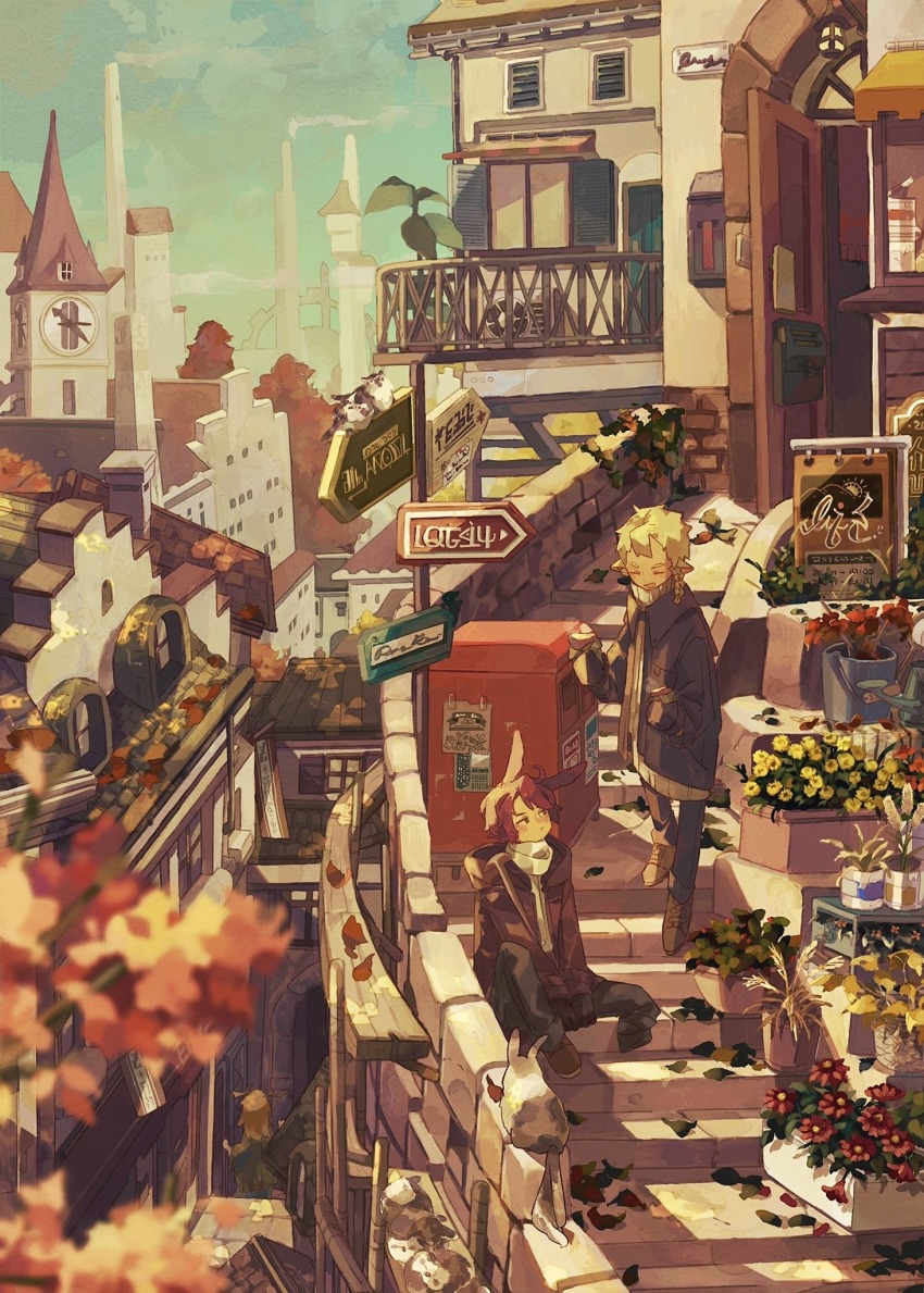 1girl 2boys amputee animal_ears autumn autumn_leaves awning balcony bird blonde_hair blurry blurry_foreground braid brown_shoes building cane city clock clock_tower day fake_text fantasy flower food gloves highres holding holding_food jacket kurasaka leaf mailbox_(incoming_mail) multiple_boys original outdoors pants plant pointy_ears postbox_(outgoing_mail) potted_plant rabbit rabbit_ears red_hair scenery shoes short_hair side_braid sign stairs sweater tower