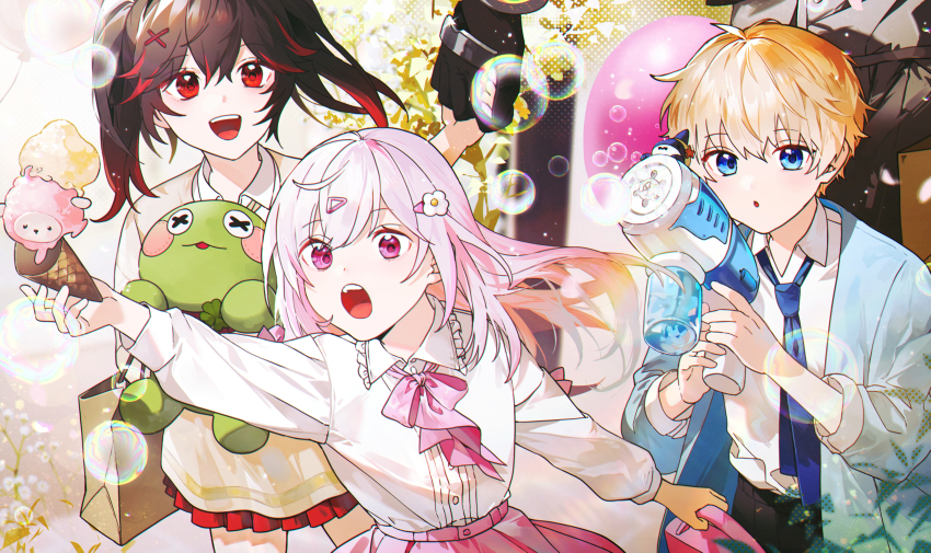 1boy 2girls absurdres bag black_hair blonde_hair blue_eyes bubble children&#039;s_day cino_(cappuccino) commandant_(pgr) food hair_between_eyes highres holding holding_hands holding_water_gun ice_cream lee_(pgr) liv_(pgr) lucia_(pgr) multicolored_hair multiple_girls open_mouth pink_eyes pink_hair pleated_skirt punishing:_gray_raven red_eyes red_streaks skirt smile stuffed_animal stuffed_frog stuffed_toy two-tone_hair water_gun