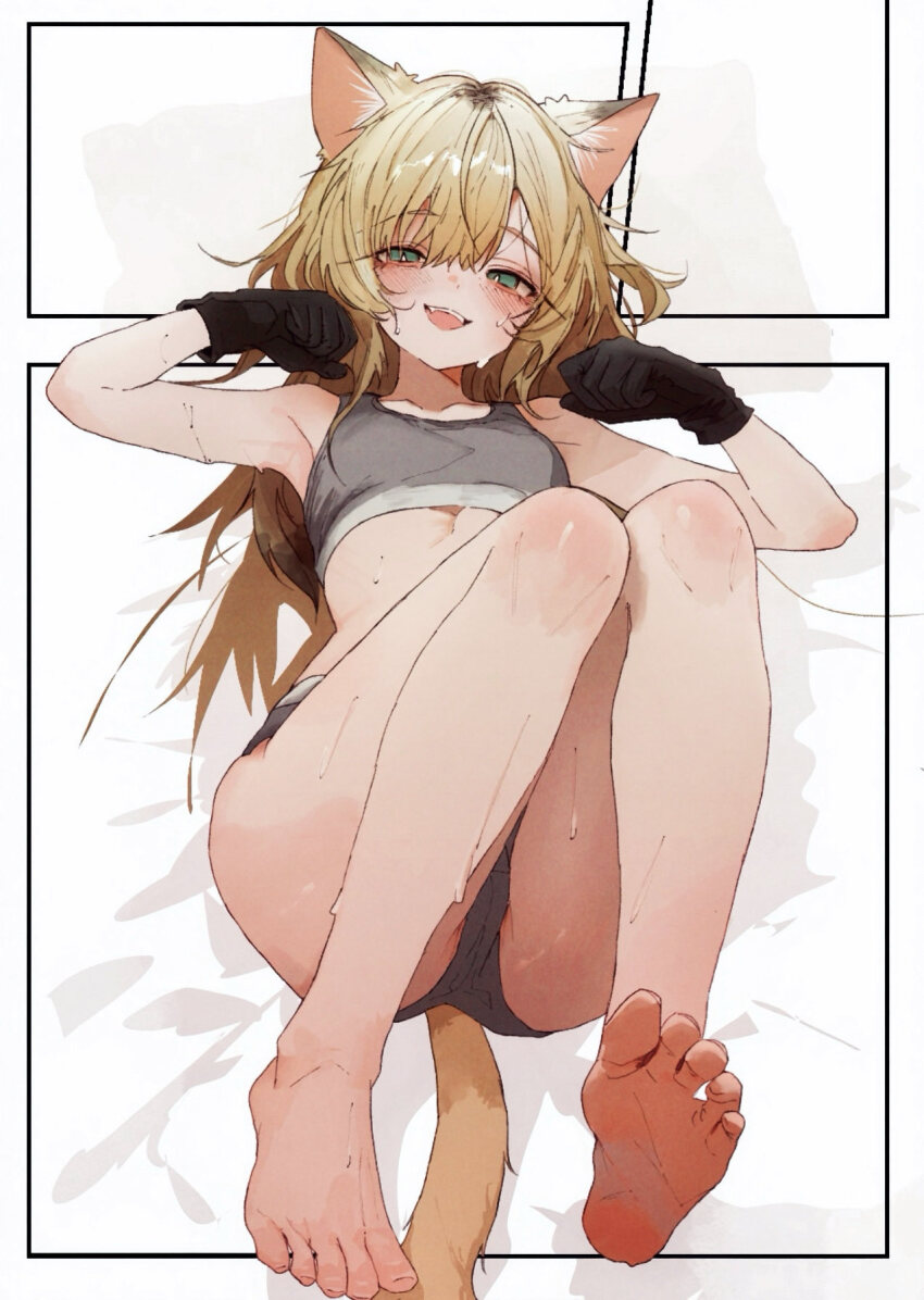 1girl :d animal_ears bare_shoulders barefoot black_gloves blonde_hair brown_hair cat_ears cat_girl cat_tail commentary feet full_body gloves gradient_hair green_eyes grey_panties grey_sports_bra highres kaiwan_(kaiwan_zhang) long_hair looking_at_viewer lying messy_hair multicolored_hair on_back open_mouth original panties paw_pose shorts smile sports_bra sweat symbol-only_commentary tail toes underwear