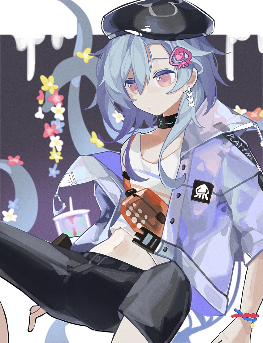 1boy absurdres arknights arm_support beret black_background black_hat black_pants blue_hair blue_jacket bracelet capri_pants dripping fanny_pack feet_out_of_frame flower flower_necklace frown gradient_background haobuguniao hat highres infection_monitor_(arknights) jacket jellyfish_hair_ornament jewelry lei letterboxed light_blue_hair long_sleeves looking_down male_focus midriff mizuki_(arknights) mizuki_(summer_feast)_(arknights) necklace official_alternate_costume open_clothes open_jacket pants pink_eyes shirt solo spread_legs striped_clothes striped_shirt tentacles white_shirt