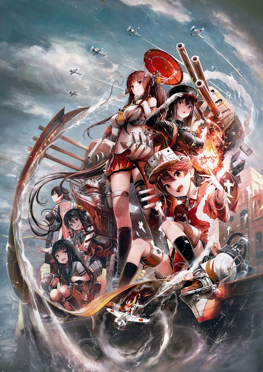 6+girls aircraft airplane akitsu_maru_(kancolle) asymmetrical_legwear backpack bag black_coat black_eyes black_hair blunt_bangs bow_(weapon) breasts brown_eyes brown_hair building cherry_blossoms cloud coat detached_sleeves dress fairy_(kancolle) fire flight_deck flower gloves hair_flower hair_ornament hair_ribbon hairband hakama hakama_short_skirt hakama_skirt hat hatsuyuki_(kancolle) highres hime_cut house japanese_clothes kaga_(kancolle) kantai_collection kariginu large_breasts long_hair looking_at_another looking_at_viewer looking_away looking_to_the_side magatama military military_hat military_uniform miniskirt multicolored_hair multiple_girls muneate naganami_(kancolle) navel neck_ribbon oil-paper_umbrella onmyouji open_mouth peaked_cap pleated_skirt randoseru red_skirt red_umbrella remodel_(kantai_collection) rensouhou-chan ribbon ryuujou_(kancolle) sailor_collar school_uniform scroll serafuku shikigami shimakaze_(kancolle) ship_turret shirakaba shirt short_hair side_ponytail single_thighhigh sitting skirt sky sleeveless sleeveless_dress smile thighhighs twintails two-tone_hair umbrella uneven_legwear very_long_hair visor_cap water waves wavy_hair weapon white_gloves white_shirt yamato_(kancolle)