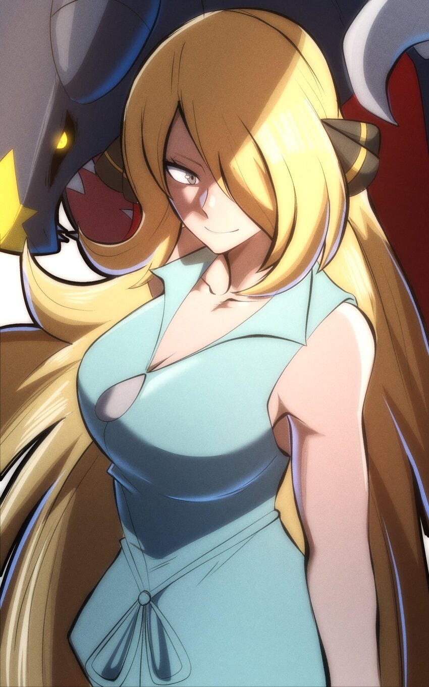 1girl bare_shoulders black_sclera blonde_hair blue_shirt breasts cleavage collarbone colored_sclera cowboy_shot cynthia_(pokemon) dragon grey_eyes hair_over_one_eye highres large_breasts long_hair looking_at_viewer nintendo pokemon pokemon_(anime) pokemon_bw_(anime) shadow shirt sleeveless sleeveless_shirt smile solo_focus thatamaan very_long_hair yellow_eyes