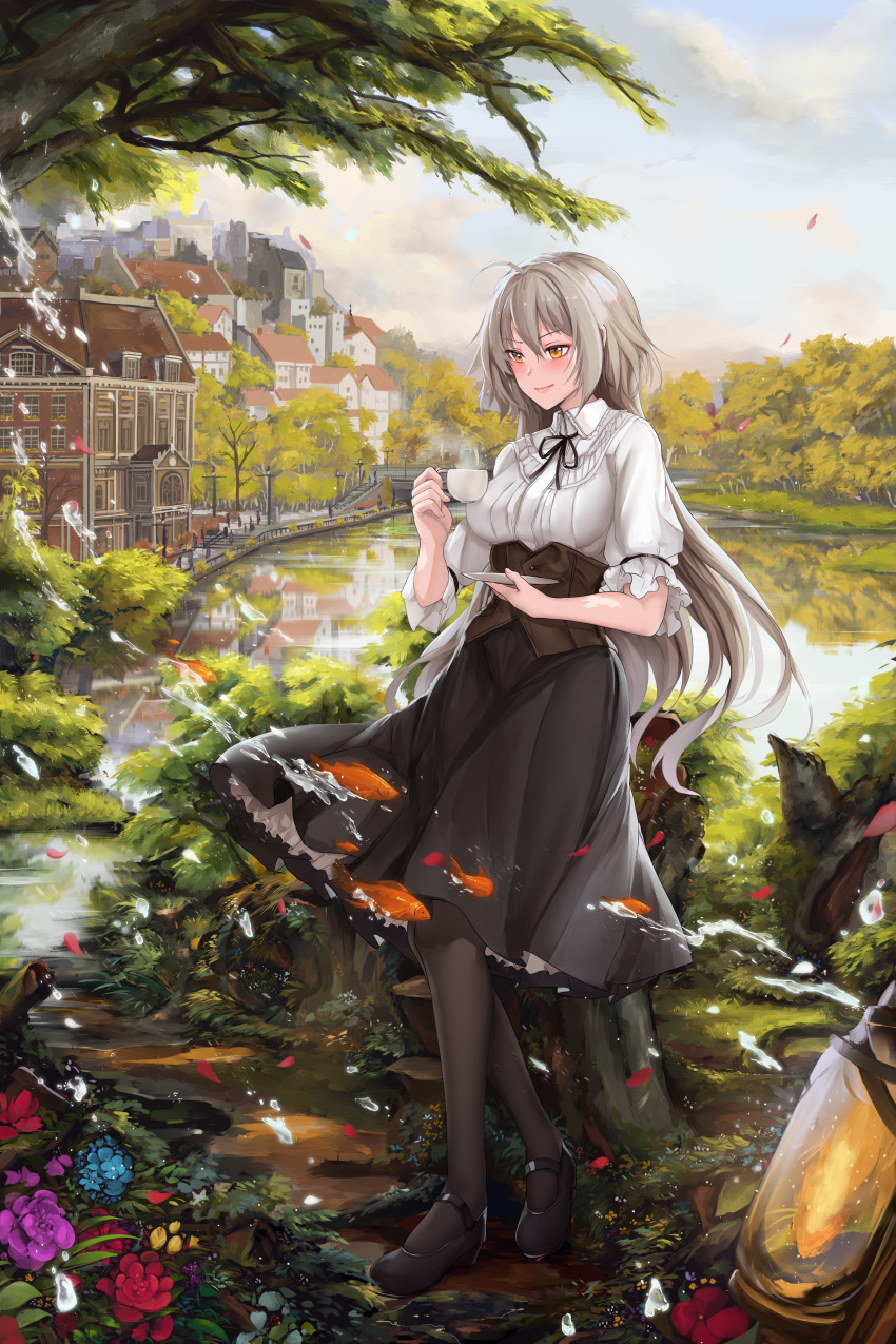 1girl absurdres ahoge artist_name black_pantyhose black_skirt blouse blush breasts city corset cup fate/grand_order fate_(series) flower hanada_yanochi highres holding holding_cup holding_saucer jeanne_d&#039;arc_(fate) jeanne_d&#039;arc_alter_(avenger)_(fate) jeanne_d&#039;arc_alter_(fate) lantern large_breasts light_smile long_hair long_skirt mary_janes pantyhose petals petticoat pixiv_fate/grand_order_contest_2 saucer shirt shoes silver_hair skirt solo teacup tree twitter_username white_shirt yellow_eyes