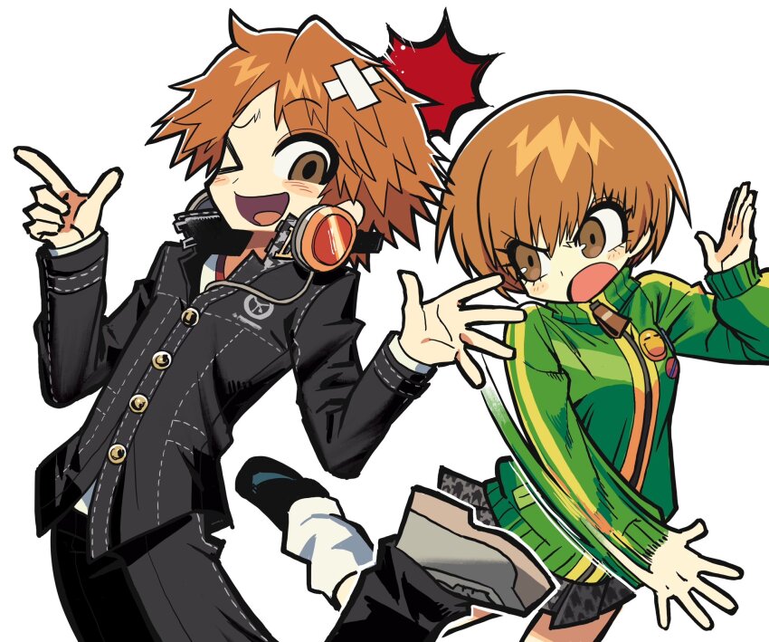 1boy 1girl artist_request bandaid bandaid_on_hair bandaid_on_head brown_eyes brown_hair hanamura_yousuke highres hitting jacket leg_warmers open_mouth persona persona_4 persona_4_the_golden satonaka_chie school_uniform track_jacket yasogami_school_uniform