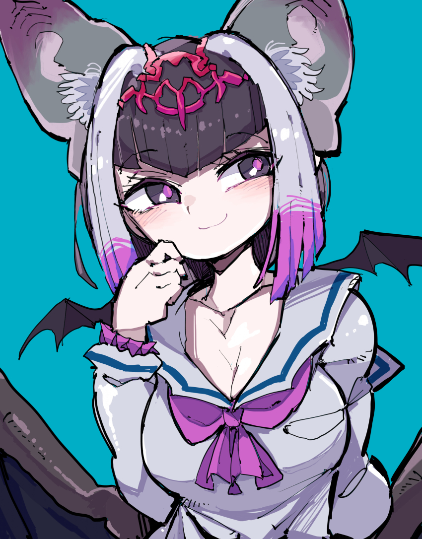 1girl absurdres animal_ears bat_ears bat_girl bat_wings black_eyes blue_background blush breasts cleavage closed_mouth collarbone common_vampire_bat_(kemono_friends) grey_hair highres kanmoku-san kemono_friends large_breasts looking_at_viewer multicolored_hair purple_hair short_hair simple_background smile solo two-tone_hair upper_body wings