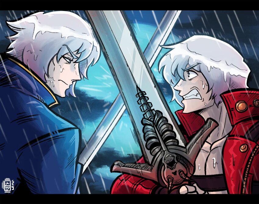 2boys blue_jacket brothers clenched_teeth cloud dante_(devil_may_cry) dark_clouds devil_may_cry devil_may_cry_(series) devil_may_cry_3 fingerless_gloves full_moon gloves highres holding holding_sword holding_weapon jacket katana moon multiple_boys rain rebellion_(sword) red_jacket scruffyturtles serious siblings signature sword teeth twins vergil_(devil_may_cry) weapon wet wet_hair white_hair yamato_(sword)