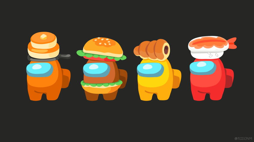 4others among_us bread brown_(among_us) burger commentary_request crewmate_(among_us) food food_on_head full_body grey_background helmet highres multiple_others object_on_head orange_(among_us) pancake pumpkin red_(among_us) rizu_(rizunm) simple_background space_helmet spacesuit standing sushi twitter_username yellow_(among_us)