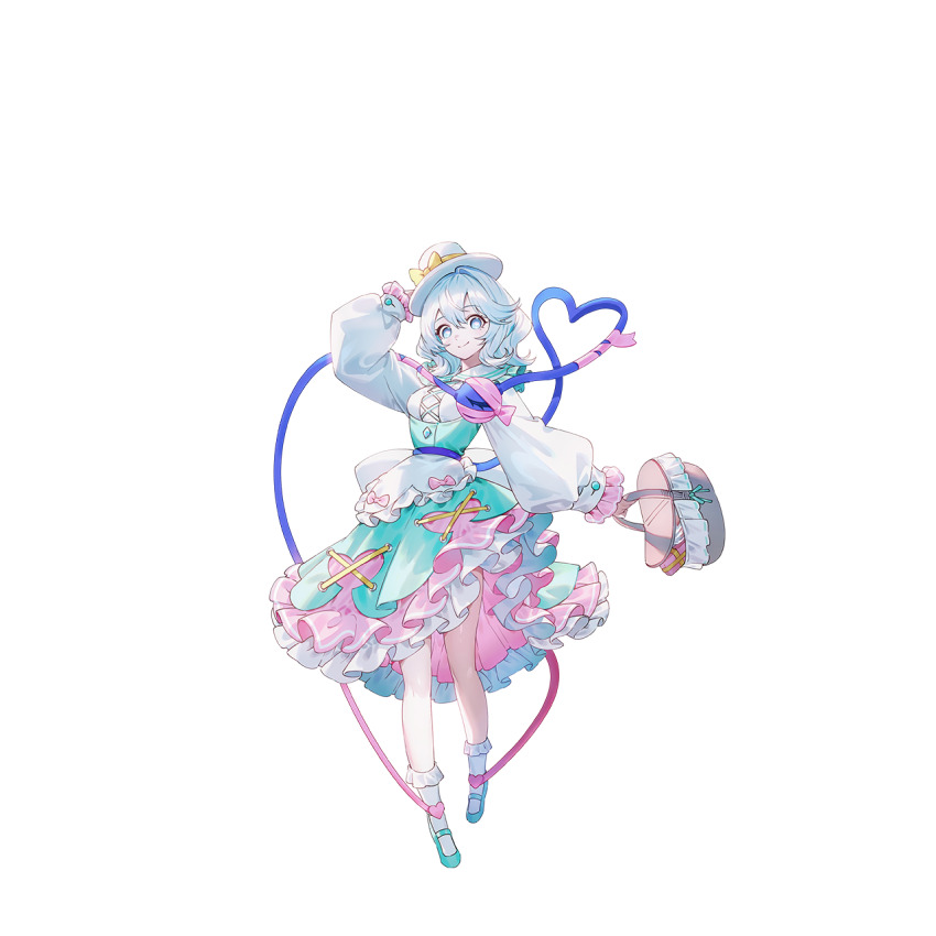 1girl alternate_costume alternate_eye_color alternate_hair_color alternate_headwear apron aqua_shoes basket blue_eyes blue_hair bobby_socks bow box closed_mouth clothing_cutout collared_shirt eyeball frilled_skirt frills full_body game_cg gift gift_box hand_on_headwear hat hat_bow heart heart-shaped_pupils heart_cutout heart_of_string highres holding holding_basket komeiji_koishi long_hair long_sleeves looking_at_viewer mary_janes non-web_source official_art pink_ribbon pink_skirt ribbon second-party_source shirt shoes skirt smile socks solo symbol-shaped_pupils third_eye touhou touhou_gensou_eclipse transparent_background u_u_zan waist_apron white_apron white_hat white_shirt white_socks yellow_bow