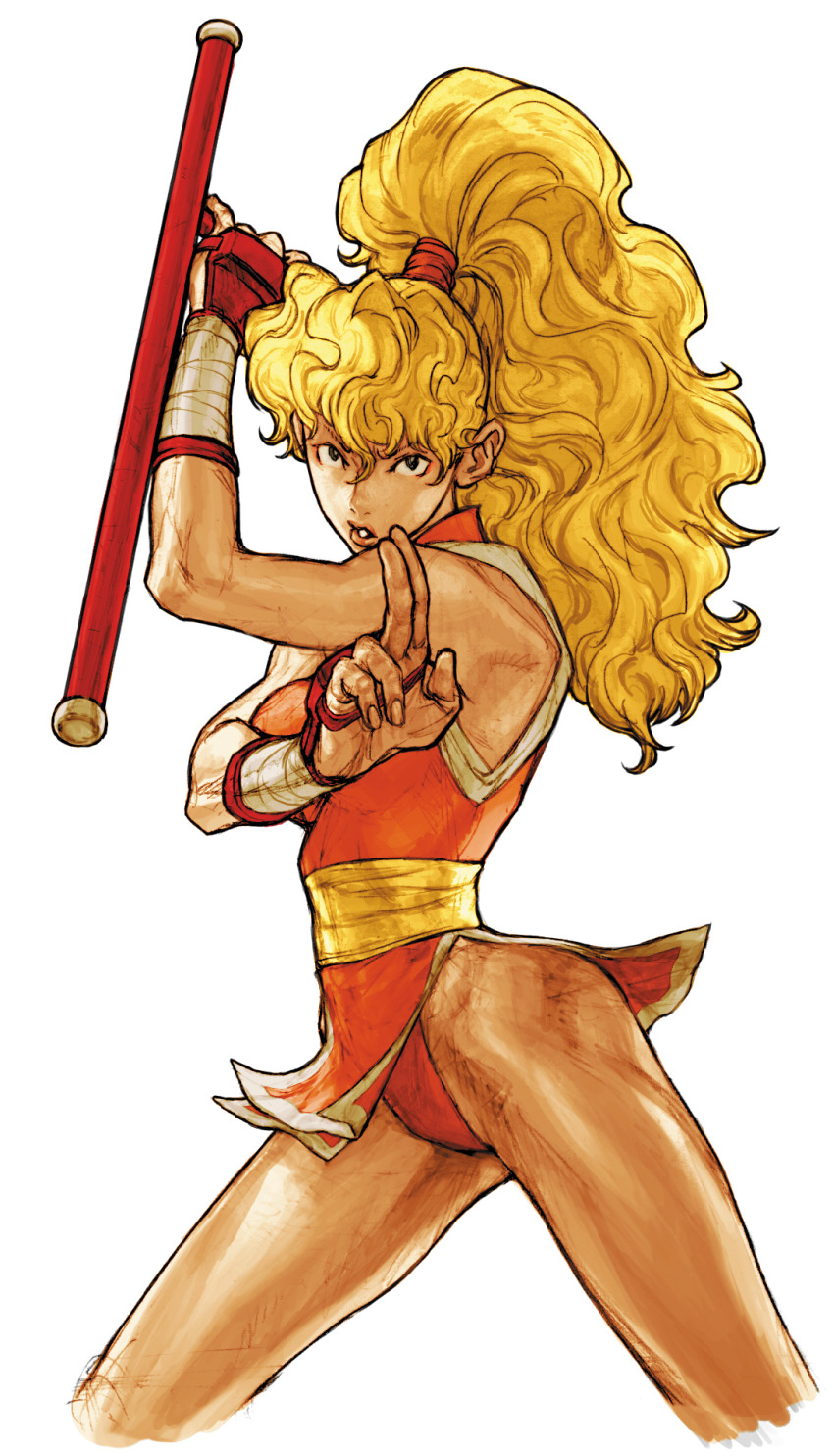 1girl bare_shoulders blonde_hair capcom capcom_vs_snk_2 dougi final_fight fingerless_gloves game_cg genryuusai_maki gloves high_ponytail highres holding holding_weapon kuji-in leaning_to_the_side legs_apart long_hair looking_at_viewer mma_gloves motoyui ninja non-web_source official_art parted_lips pelvic_curtain ponytail simple_background solo teeth tonfa wavy_hair weapon wrist_wrap