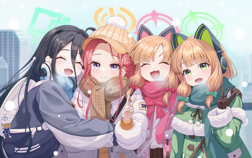 4girls :3 absurdres ahoge animal_ear_headphones animal_ears aris_(blue_archive) backpack bag bag_charm black_hair blonde_hair blue_archive blue_halo blue_jacket blue_scarf blurry blurry_background bow bowtie braid brown_gloves brown_scarf brown_skirt building cabbie_hat capelet cat_ear_headphones cat_ears charm_(object) checkered_clothes checkered_scarf checkered_skirt closed_eyes closed_mouth coat down_jacket duffel_coat fake_animal_ears fur-trimmed_capelet fur-trimmed_sleeves fur_trim game_development_department_(blue_archive) gloves green_bow green_capelet green_coat green_eyes green_halo green_scarf hair_between_eyes hair_bow halo hand_on_another&#039;s_shoulder hand_up hat headphones headphones_around_neck highres hiko0303 hug jacket kei_(robot)_(blue_archive) long_hair long_sleeves looking_at_viewer midori_(blue_archive) millennium_science_school_logo momoi_(blue_archive) multiple_girls open_mouth orange_hat outdoors pink_bow pink_bowtie pink_capelet pink_coat pink_halo pink_scarf pom_pom_(clothes) pom_pom_hat_ornament purple_eyes raglan_sleeves red_hair scarf skirt smile snowing upper_body v v-shaped_eyebrows white_bag white_jacket yellow_halo yuzu_(blue_archive)