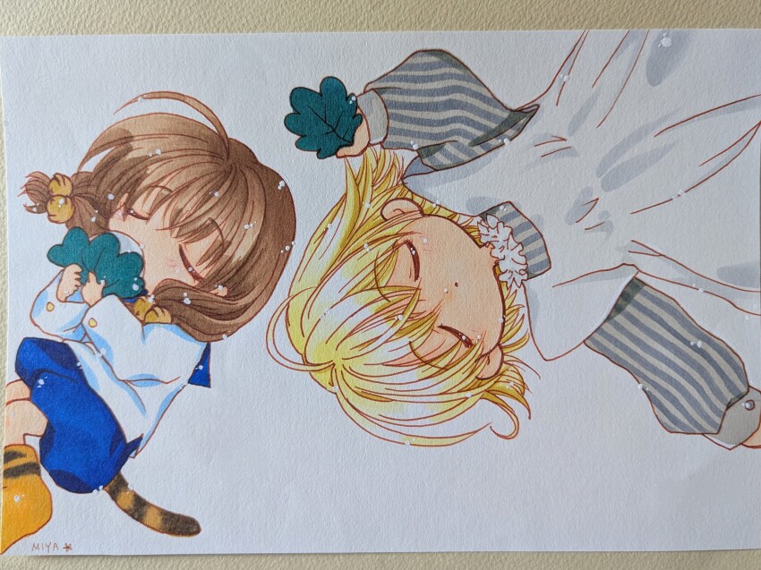 2girls absurdres ahoge apron bell blonde_hair blue_sailor_collar blue_shorts brown_hair cat_tail child closed_eyes closed_mouth commentary_request di_gi_charat dress eating flipped_hair food grey_dress hair_bell hair_ornament highres holding holding_food jingle_bell kashiwa_mochi_(food) long_sleeves lying marker_(medium) medium_hair miya._(pixiv_104205050) mochi multiple_girls on_back on_side orange_shoes paw_shoes photo_(medium) piyoko puchiko puffy_shorts sailor_collar sailor_shirt shirt shoes shorts striped_clothes striped_dress tail traditional_media white_apron white_background white_shirt