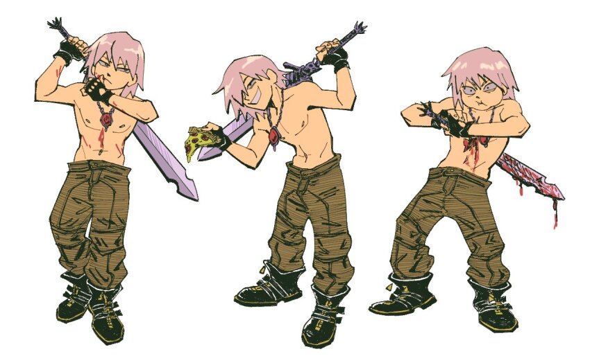 1boy dante_(devil_may_cry) devil_may_cry devil_may_cry_(series) devil_may_cry_3 fingerless_gloves gloves holding jewelry male_focus necklace rebellion_(sword) smile solo sword topless_male weapon white_hair wildcatfourteen