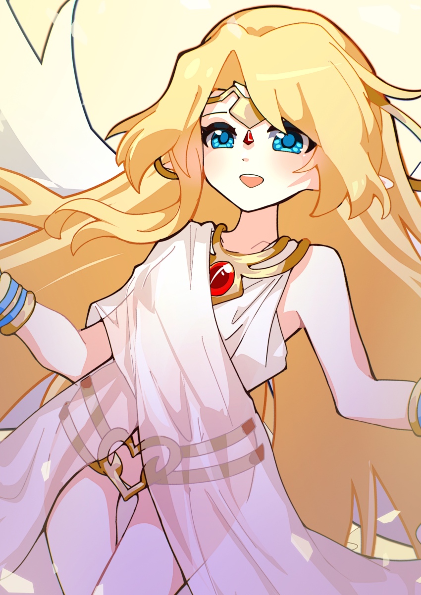 1girl absurdres angel angel_wings blonde_hair blue_eyes bracelet circlet commentary_request dhy-232 dress feathered_wings gem highres ilias jewelry long_hair looking_at_viewer mon-musu_quest! mon-musu_quest:_paradox open_mouth pointy_ears red_gemstone see-through_clothes simple_background smile solo very_long_hair white_dress wings