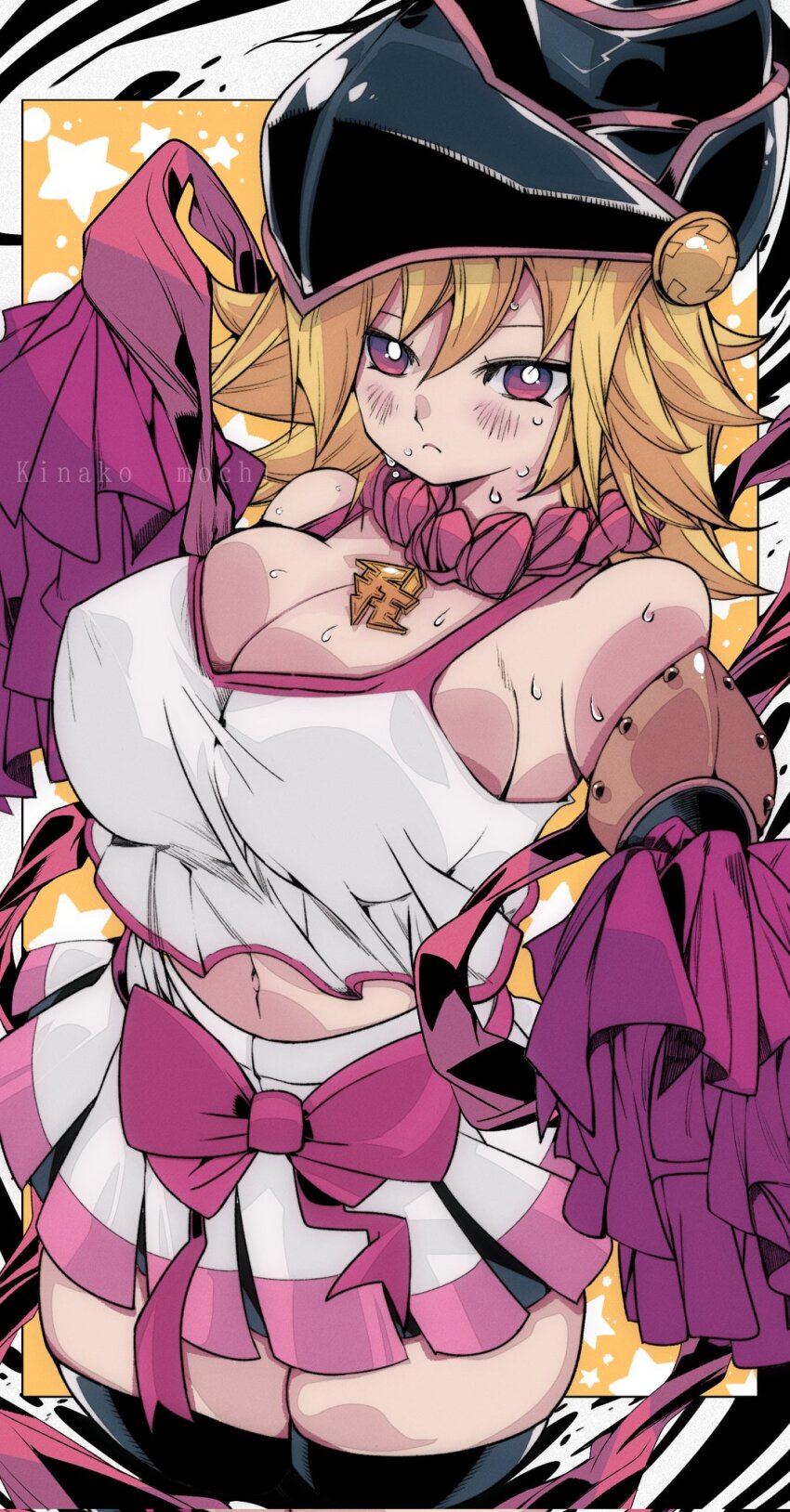 black_thighhighs blonde_hair blush bow breasts cheerleader cleavage duel_monster gagaga_girl highres huge_breasts kinakomochi_(user_vedc2333) multicolored_skirt pink_bow pink_eyes pom_pom_(cheerleading) skirt sweat tank_top thick_thighs thighhighs thighs white_tank_top yu-gi-oh! yu-gi-oh!_zexal