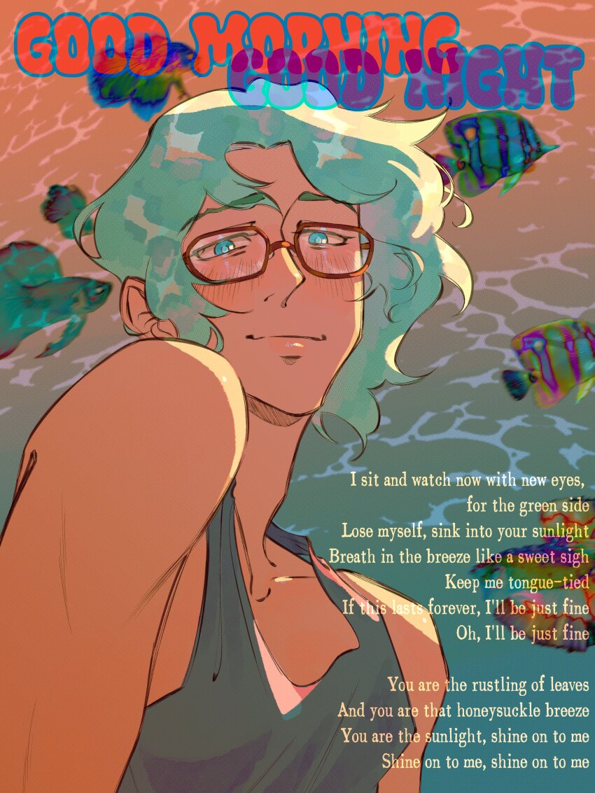 1boy absurdres cove_holden cover english_text fish glasses green_eyes green_hair hair_flowing_over highres looking_at_viewer magazine_cover our_life:_beginnings_and_always pectoral_cleavage pectorals sadlad03 smile solo tank_top upper_body