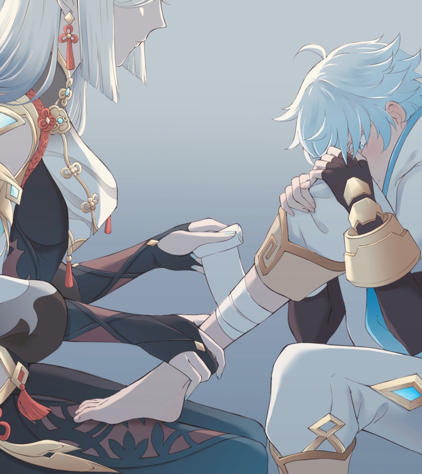 1boy 1girl aunt_and_nephew bandages blush chongyun_(genshin_impact) covering_face genshin_impact highres motherly no_background shenhe_(genshin_impact) sitting wounds