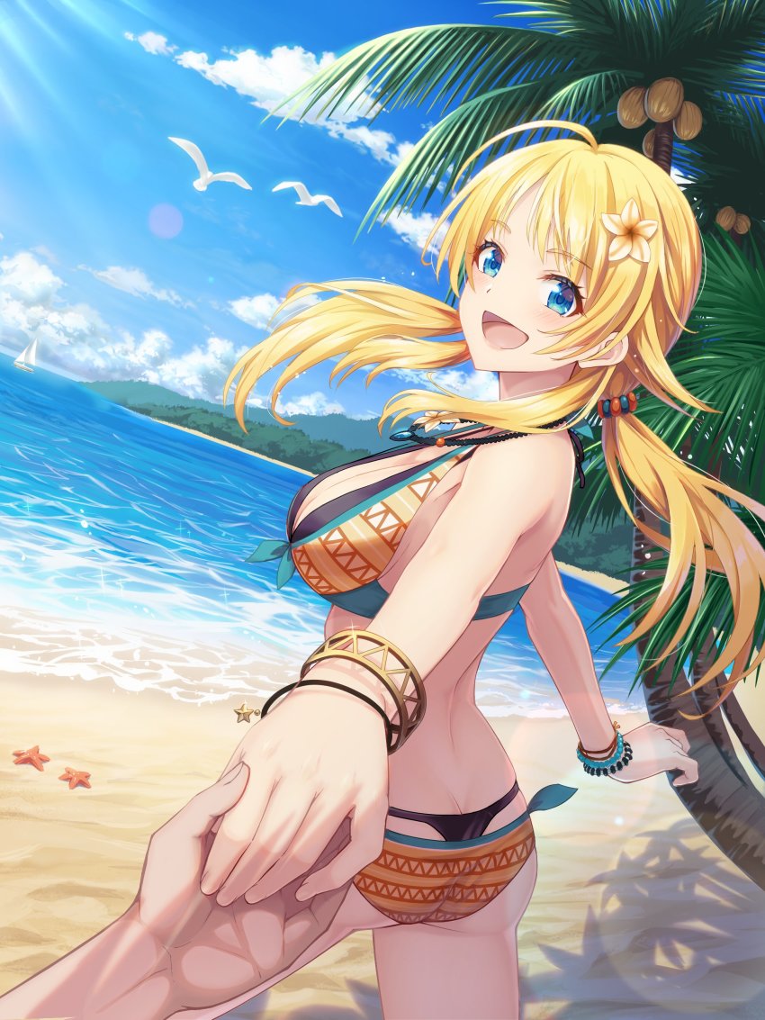 1girl :d absurdres ahoge ass beach bead_bracelet beads bikini blonde_hair blue_eyes blue_sky bracelet breasts butt_crack cleavage cloud commentary_request day duplicate flower hachimiya_meguru hair_flower hair_ornament highres holding_hands idolmaster idolmaster_shiny_colors jewelry large_breasts long_hair looking_at_viewer macha0331 multicolored_bikini ocean open_mouth orange_bikini outdoors palm_tree sand sky smile solo_focus swimsuit tree whale_tail_(clothing)