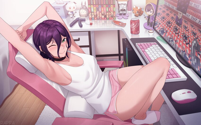 1girl absurdres armpits arms_up black_choker blush book breasts chainsaw_man chair choker closed_mouth collarbone computer computer_keyboard computer_mouse cup dandadan doodlebob dr_pepper explosive family_guy fox_(minecraft) from_above from_side green_eyes hair_between_eyes hair_bun highres indoors looking_at_viewer manga_(object) medium_breasts medium_hair minecraft monitor mousepad_(object) no_bra office_chair on_chair one_eye_closed pink_shorts pink_socks purple_hair rappa_(sirrappa) reze_(chainsaw_man) rgb_lights shorts shoto_(vtuber) sitting smile socks solo spongebob_squarepants_(series) swivel_chair table tank_top thighs tissue tissue_box tnt tnt_block_(minecraft) tonari_no_totoro totoro two-tone_socks villager_(minecraft) white_carpet white_socks white_tank_top wooden_floor