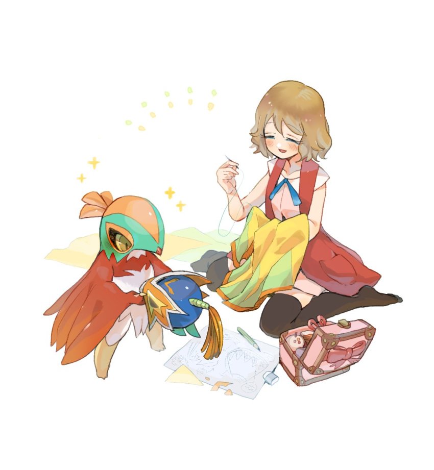 1girl bare_arms blue_ribbon blush box brown_thighhighs closed_eyes collarbone commentary_request eraser eyelashes gen_6_pokemon harvest88 hawlucha highres holding light_brown_hair neck_ribbon needle nintendo open_mouth paper pencil pokemon pokemon_(anime) pokemon_(creature) pokemon_xy_(anime) ribbon serena_(pokemon) sewing_needle short_hair sitting sleeveless_duster smile sparkle thighhighs wariza