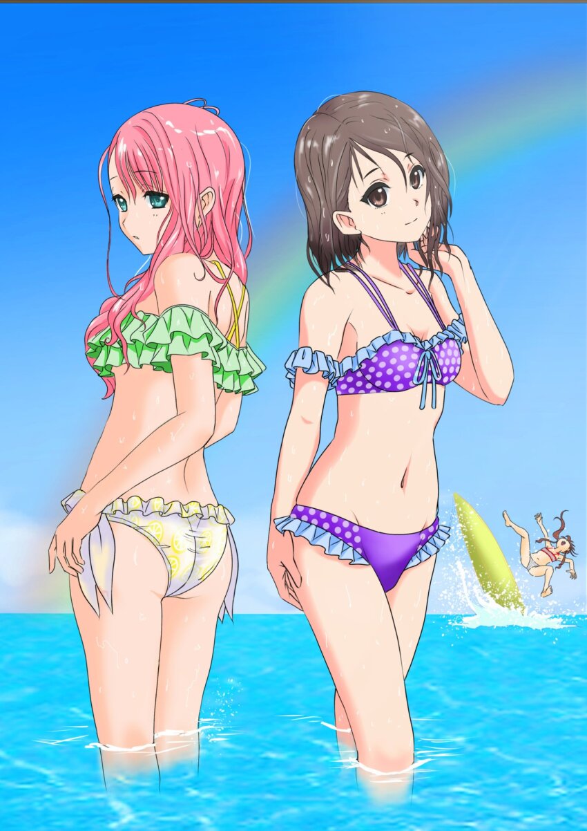 22/7 3girls bikini blue_eyes blue_sky brown_eyes brown_hair bxtbsy7q76gxh73 closed_mouth collarbone frilled_bikini frills green_bikini hand_up highres hiiragi_tsubomi kamiki_mikami long_hair looking_at_viewer multiple_girls navel ocean outdoors pink_hair purple_bikini rainbow short_hair sky smile standing swimsuit toda_jun wet wet_hair