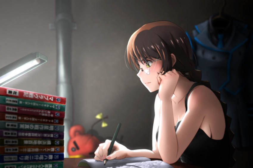 1girl book brown_hair drawing genya_(genya67) glasses green_eyes highres muv-luv muv-luv_alternative muv-luv_alternative_(anime) notebook pencil sakaki_chizuru slice_of_life stuffed_animal stuffed_toy teddy_bear uniform writing