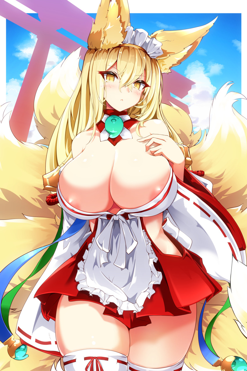 1girl :o absurdres animal_ear_fluff animal_ears apron areola_slip blonde_hair blush breasts cleavage cloud cloudy_sky covered_erect_nipples cowboy_shot detached_collar detached_sleeves fox_ears fox_girl fox_tail hand_on_own_chest highres hirume_of_heavenly_incense huge_breasts japanese_clothes last_origin leqz5945 long_hair looking_at_viewer magatama maid maid_apron maid_headdress multiple_tails outdoors skindentation sky slit_pupils solo tail thighhighs thighs torii unconventional_maid yellow_eyes