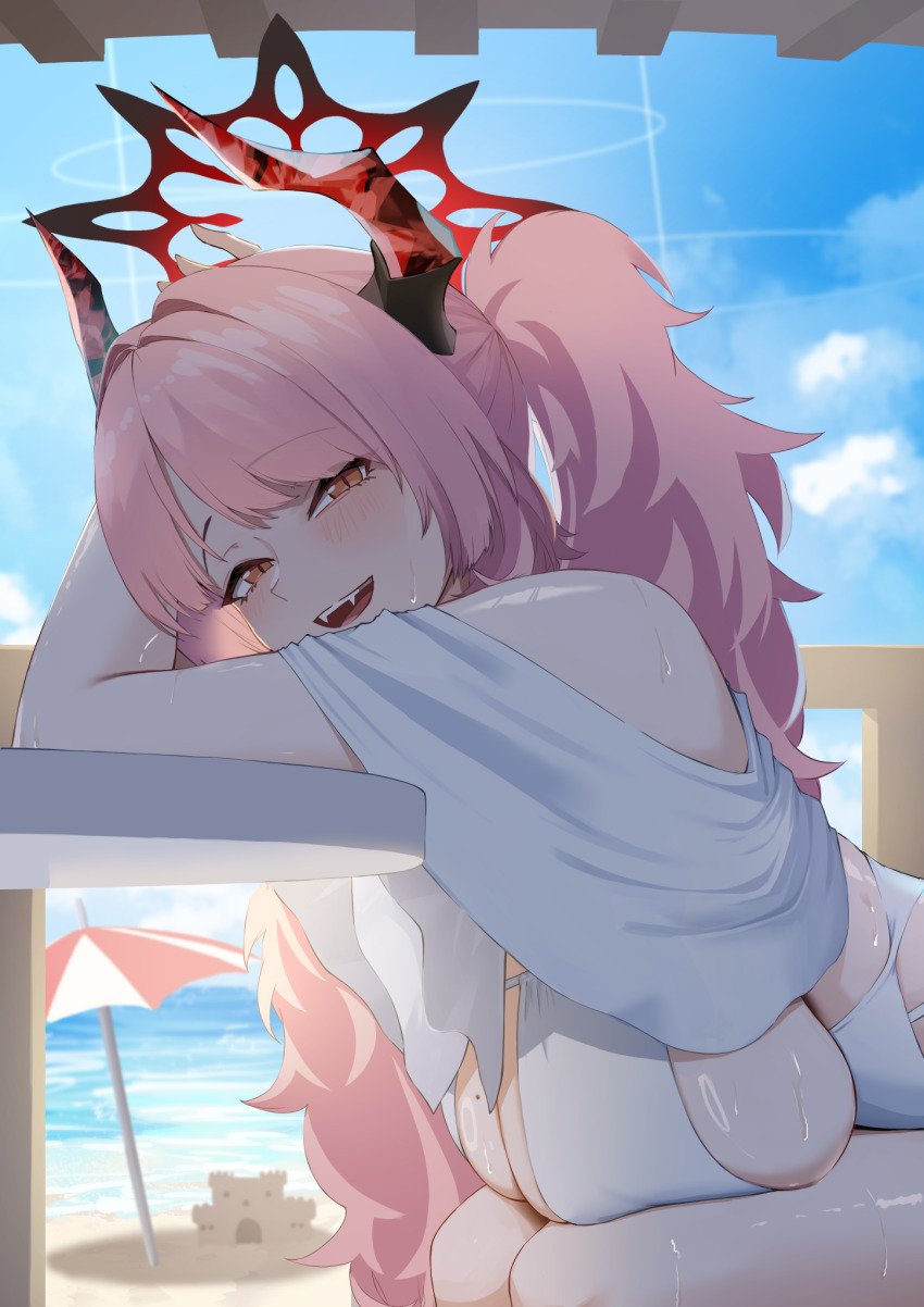 1girl alternate_costume alternate_hairstyle bare_shoulders beach blue_archive blush breasts demon_horns demon_tail fangs halo highres horns huge_breasts long_hair looking_at_viewer mechasoul mole mole_on_breast ocean one-piece_swimsuit open_mouth orange_eyes pink_hair ponytail red_halo satsuki_(blue_archive) sideboob sidelocks solo swimsuit tail white_one-piece_swimsuit