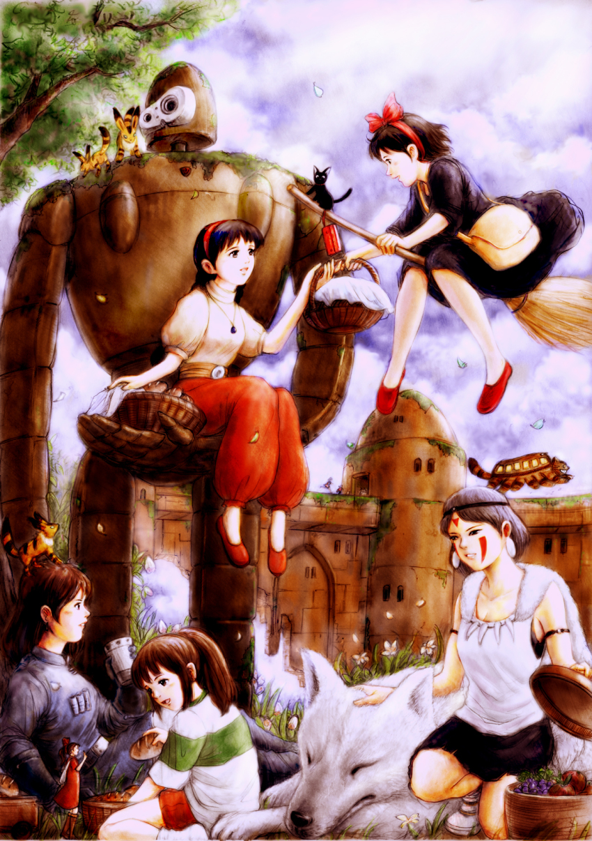 black_hair breasts commentary_request creator_connection crossover graphite_(medium) highres jewelry jiji_(majo_no_takkyuubin) laputa_robot long_hair medium_hair mini_person minigirl mononoke_hime multiple_crossover multiple_girls necklace robot short_hair tenkuu_no_shiro_laputa tooth_necklace traditional_media