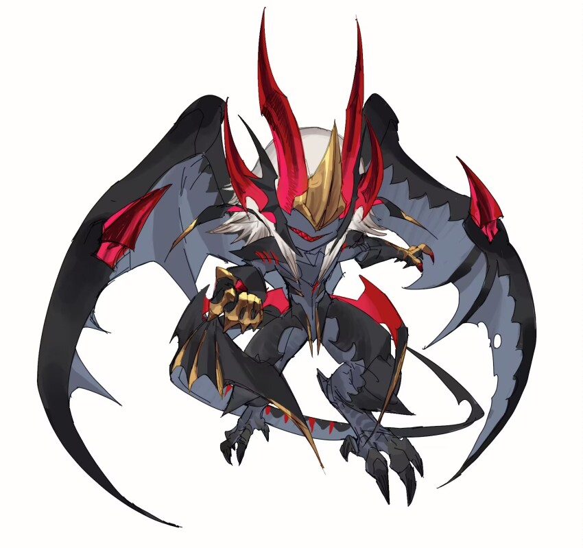 1boy animal_feet black_skin black_wings chinese_commentary claws colored_skin colored_teeth deformed digitigrade dragon_boy dragon_horns dragon_tail dragon_wings facing_viewer full_body grey_skin grey_wings grin highres horns leviair light_brown_hair long_hair male_focus monster_boy multiple_horns multiple_wings no_eyes original red_horns red_teeth sharp_teeth sidelocks simple_background smile solo tail teeth white_background wings
