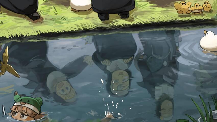 4girls banana_peel bird black_shoes blonde_hair blue_eyes brown_eyes brown_hair catfish chicken closed_eyes clumsy_nun_(diva) commentary diva_(hyxpk) duck duckling english_commentary fish froggy_nun_(diva) grass grey_hair highres little_nuns_(diva) multiple_girls nun pond reflection reflective_water shoes snorkel star_nun_(diva) star_ornament submerged traditional_nun