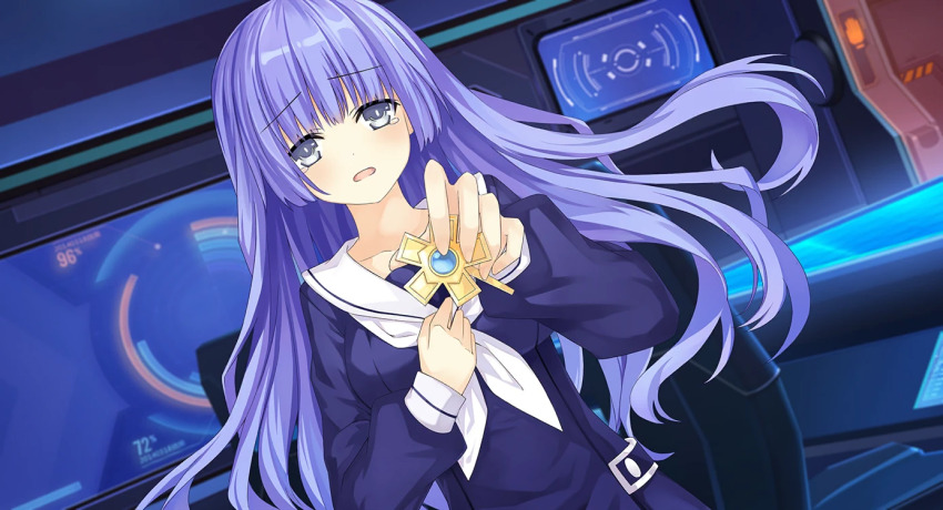 1girl blue_eyes blue_hair breasts date_a_live date_a_live:_spirit_pledge dress dutch_angle game_cg hair_ornament holographic_interface indoors izayoi_miku jewelry long_hair long_sleeves medium_breasts official_art open_mouth sailor_collar solo third-party_source white_sailor_collar