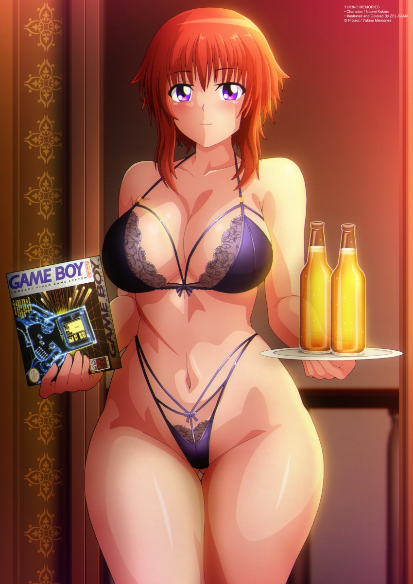 1girl absurdres alcohol beer beer_bottle blush bottle bow bow_bra bow_panties box bra breasts cleavage collarbone drink floral_print game_boy game_boy_(original) handheld_game_console highleg highleg_panties highres holding holding_box holding_tray lace lace-trimmed_bra lace-trimmed_panties lace_trim large_breasts looking_at_viewer naomi_kokoro navel nintendo panties print_bra print_panties purple_bow purple_bra purple_eyes purple_panties red_hair short_hair smile standing tetris tray underwear yukino_memories zel-sama