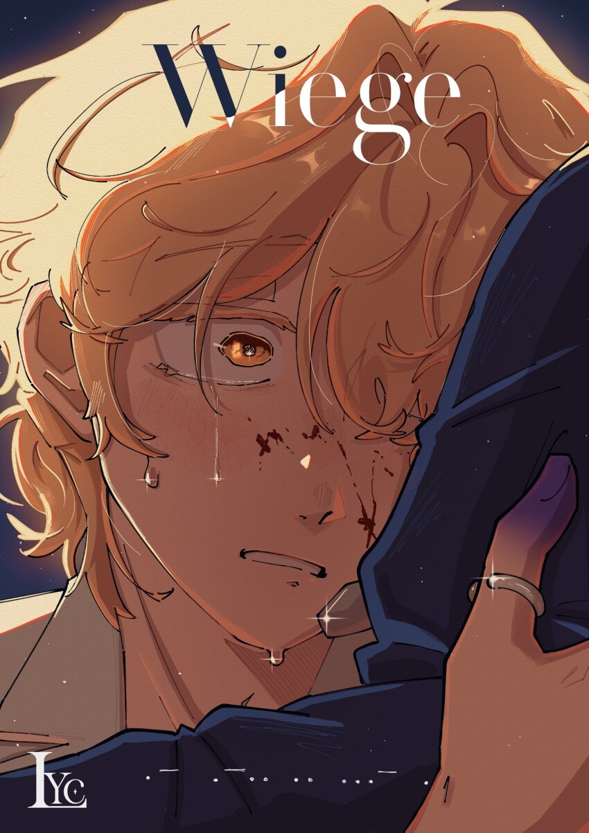 1boy 1girl alien_stage blonde_hair blood blood_on_face blue_background crying glint highres hood hood_up hug hyuna_(alien_stage) jewelry luka_(alien_stage) morse_code parted_lips ring short_hair sweat tears the_lycander translation_request yellow_eyes