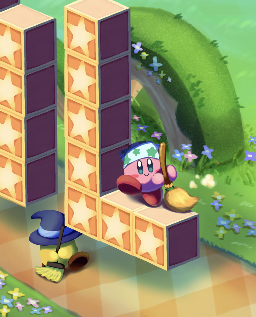 aruco_co bandana blue_eyes blue_headwear blush blush_stickers broom broom_hatter cleaning_kirby closed_mouth commentary_request copy_ability day flower grass hat highres holding holding_broom kirby kirby_(series) looking_at_viewer nintendo no_humans outdoors smile standing star_(symbol) star_block star_print white_bandana witch_hat