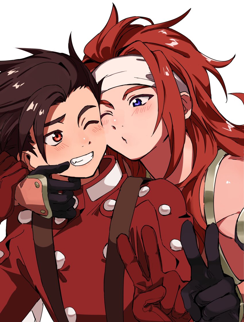 absurdres aemono_(lemolemo_lmn) blue_eyes brown_eyes brown_hair gloves headband highres incoming_kiss jacket lloyd_irving pink_jacket red_gloves red_hair red_shirt scarf shirt simple_background suspenders tales_of_(series) tales_of_symphonia white_background white_scarf zelos_wilder