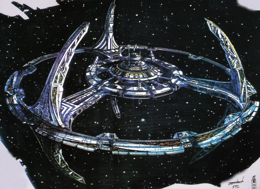 absurdres artist_name commentary deep_space_nine english_commentary highres night night_sky no_humans rick_sternbach science_fiction second-party_source sky space space_station star_(sky) star_trek star_trek:deep_space_nine