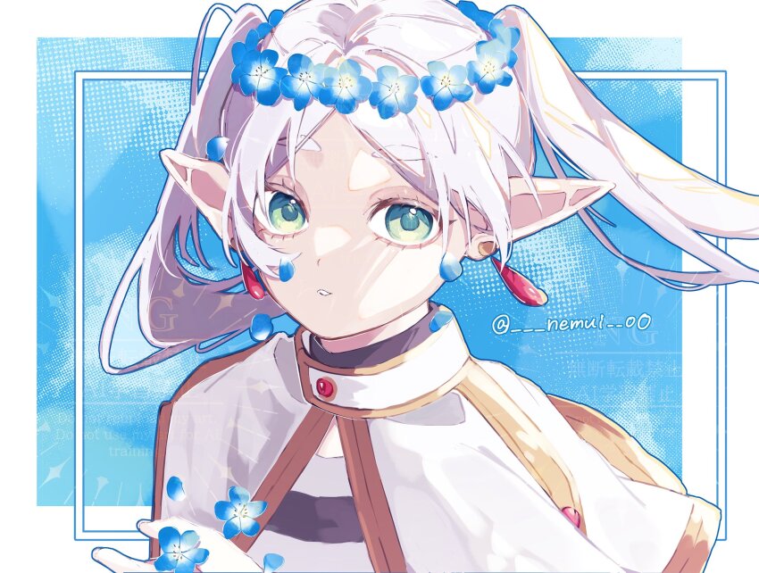 1girl aqua_eyes blue_background earrings elf facial_mark flower frieren hair_flower hair_ornament head_wreath highres jewelry long_hair looking_at_viewer nogiro_(usa_ru) parted_lips pointy_ears see-through_clothes solo sousou_no_frieren twintails upper_body white_flower white_hair