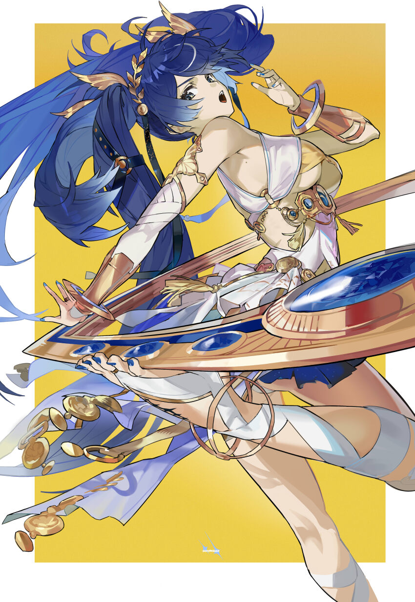 1girl absurdres arched_back armpit_crease artist_name bare_shoulders blue_hair blue_nails border breasts bridal_legwear feet foot_out_of_frame gohanduck gold_bra gold_trim hair_ornament hand_up highres holding_with_feet iuno_(wuthering_waves) jewelry legs long_hair looking_at_viewer medium_breasts miniskirt missing_commentary mole mole_on_armpit nail_polish no_shoes open_mouth panties pleated_skirt ring simple_background skirt solo standing standing_on_one_leg tacet_mark_(wuthering_waves) tassel teeth toenail_polish toenails toes twintails underboob underwear upper_teeth_only very_long_hair weapon white_border white_panties wuthering_waves yellow_background