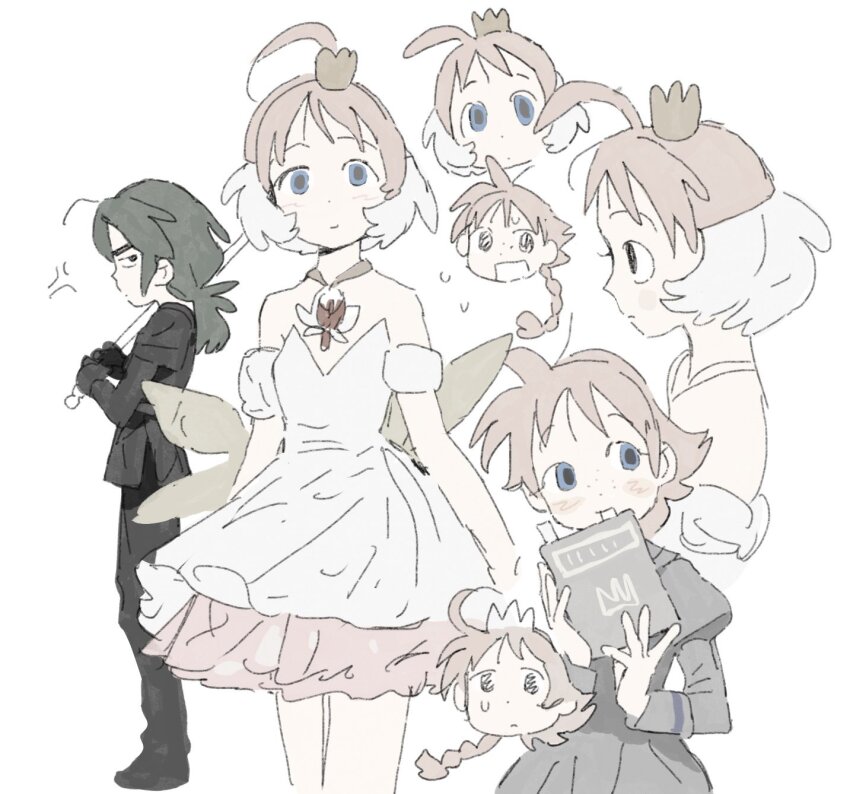 1boy 1girl ahiru_(princess_tutu) ahoge anger_vein ballerina black_footwear black_gloves black_hair black_pants black_shirt blue_eyes blush_stickers book braid closed_mouth crown dot_mouth dress fakir_(princess_tutu) freckles gloves grey_dress hands_up highres holding holding_book jewelry light_smile long_hair long_sleeves low_ponytail ma_fu mini_crown multiple_views necklace off-shoulder_dress off_shoulder open_mouth pale_color pants pendant pink_hair ponytail princess_tutu school_uniform shirt short_dress single_braid sleeve_cuffs spoken_anger_vein sweat white_background white_dress