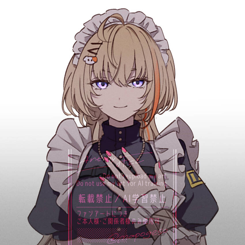 1girl ahoge animal_hair_ornament apron artist_name black_dress blonde_hair breasts buttons closed_mouth commentary_request dress eyelashes fingernails frilled_apron frilled_wrist_cuffs frills fura_kanato genderswap genderswap_(mtf) gradient_background greyscale hair_between_eyes hair_ornament hairclip hand_up highres jewelry kana_(fura_kanato) long_hair looking_at_viewer maid maid_apron maid_headdress mapogeso medium_breasts monochrome multicolored_hair nail_polish necklace nijisanji orange_hair pink_nails puffy_short_sleeves puffy_sleeves purple_eyes short_sleeves signature simple_background smile solo streaked_hair twitter_username upper_body virtual_youtuber water white_apron white_background wrist_cuffs