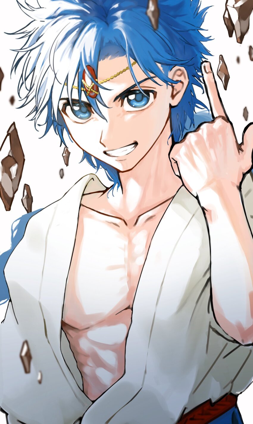 1boy aladdin_(magi) arabian_clothes blue_eyes blue_hair floating_rock head_chain highres jewelry long_hair looking_at_viewer magi_the_labyrinth_of_magic male_focus open_mouth pectorals pointing sanmenkyou smile solo upper_body white_background
