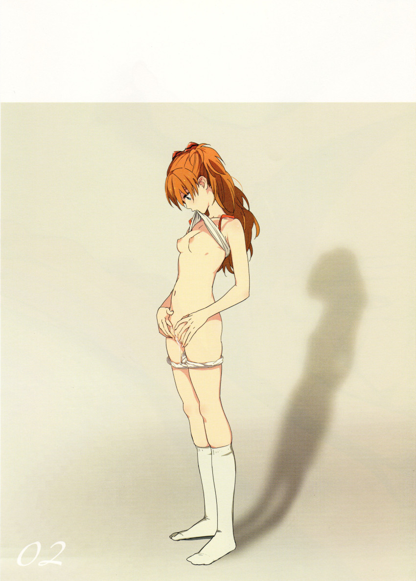 1girl absurdres bad_link blue_eyes bra bra_lift breasts censored cleft_of_venus collarbone female_masturbation fingering highres long_hair looking_down masturbation mebae mouth_hold navel neon_genesis_evangelion nipples orange_hair panties panty_pull pussy pussy_juice pussy_juice_trail scan shadow skindentation small_breasts socks solo souryuu_asuka_langley tank_top underwear underwear_only white_panties white_socks