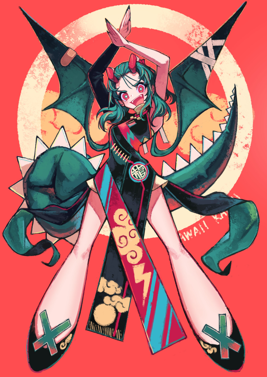 1girl aqua_hair arms_up asymmetrical_sleeves bandaid bandaid_on_wing black_footwear black_nails bright_pupils circle fingernails highres horns kaneni long_hair looking_at_viewer nail_polish open_mouth original red_background red_eyes red_horns sharp_fingernails smile solo tail uneven_sleeves white_pupils wings