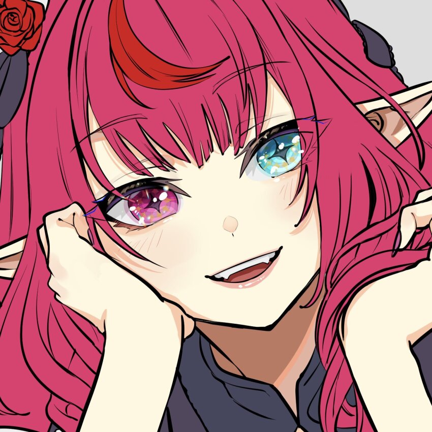 1girl blue_eyes close-up fangs heterochromia highres hololive hololive_english iris_(tb33064667) irys_(hololive) long_hair multicolored_hair parted_lips pointy_ears purple_eyes purple_hair red_hair smile solo star-shaped_pupils star_(symbol) streaked_hair symbol-shaped_pupils two-tone_hair virtual_youtuber