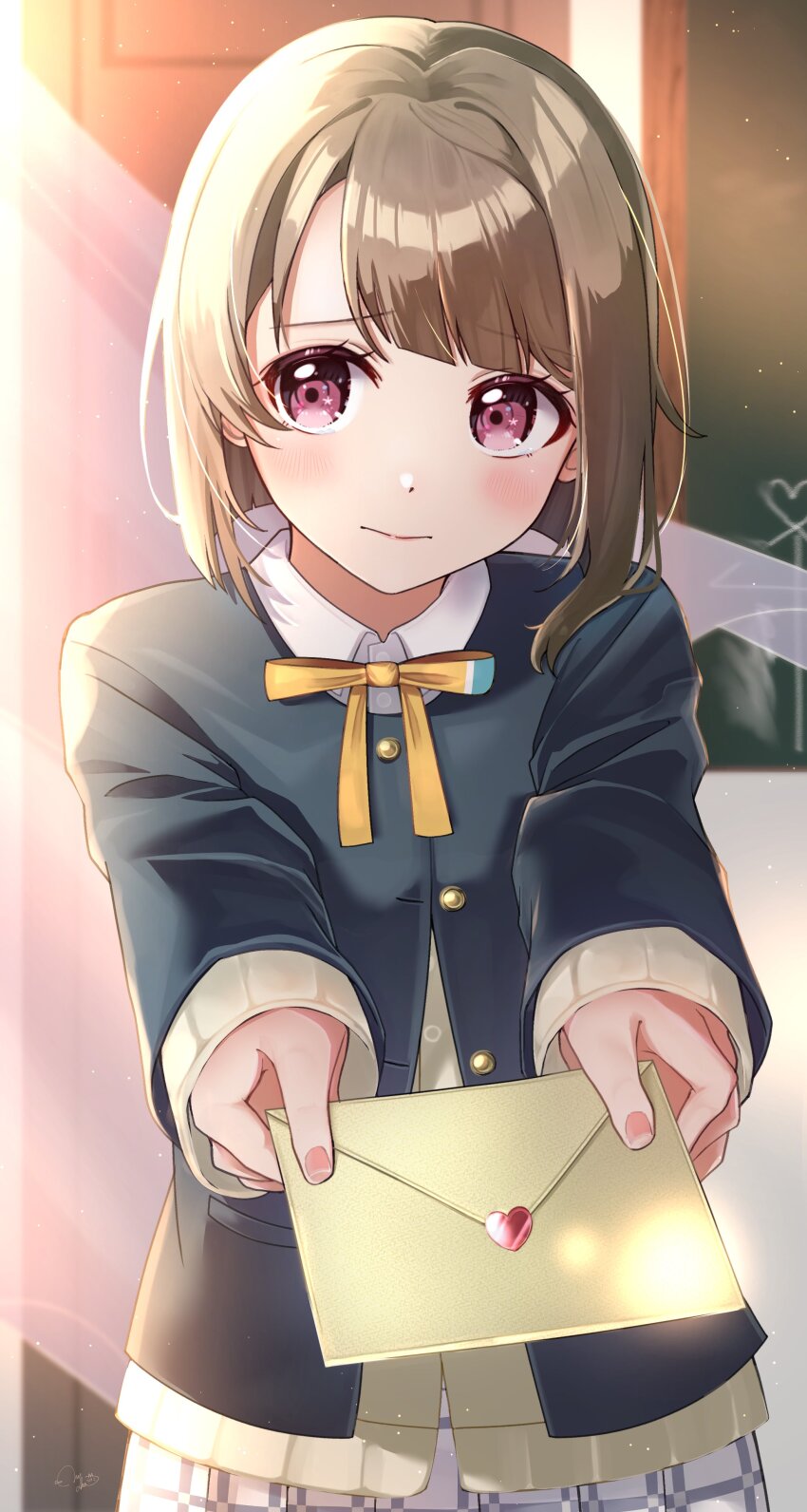 1girl absurdres asymmetrical_hair black_jacket blazer blush brown_hair closed_mouth collared_shirt furrowed_brow highres holding holding_letter indoors jacket letter long_sleeves looking_to_the_side love_letter love_live! love_live!_nijigasaki_high_school_idol_club nakasu_kasumi neck_ribbon nijigasaki_school_uniform nyako_(utaneko31) plaid_clothes plaid_skirt pleated_skirt red_eyes ribbon school_uniform shirt short_hair skirt solo upper_body white_shirt white_skirt winter_uniform yellow_ribbon